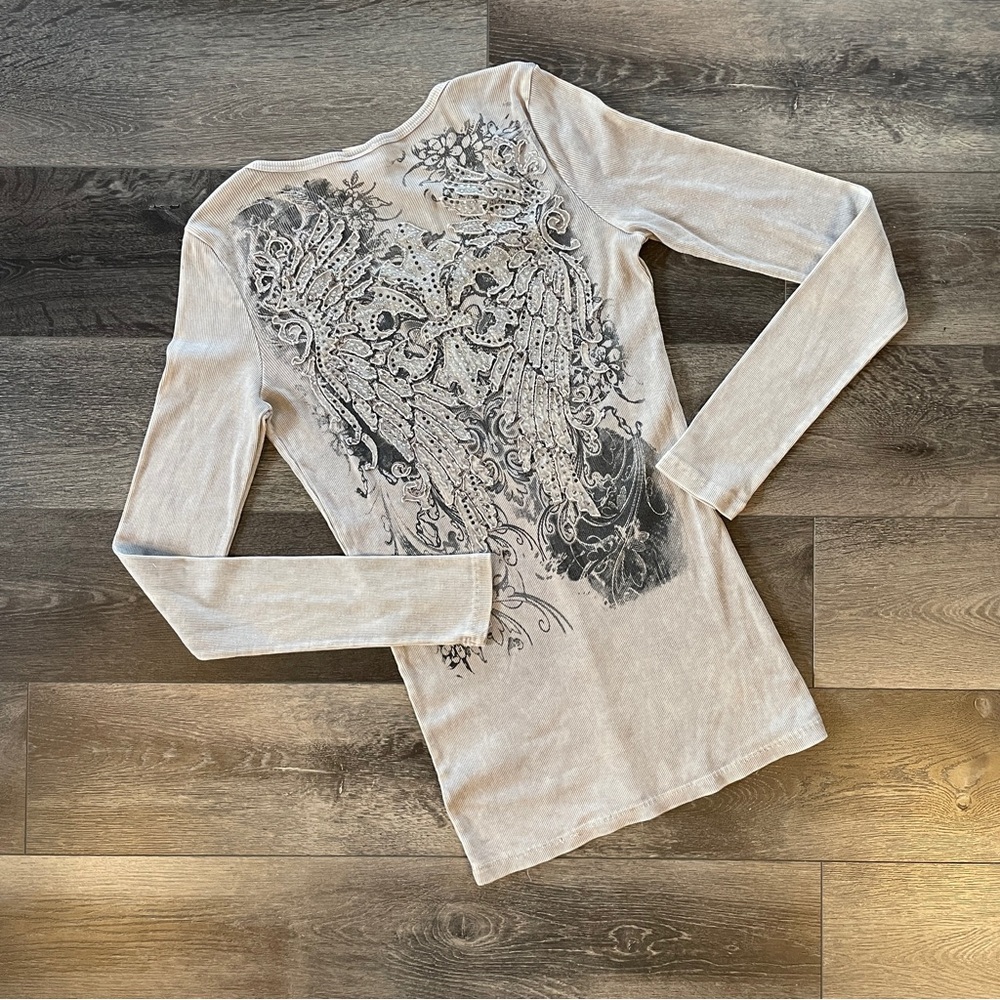 Vocal USA Angel Wing Studded Long Sleeve Fitted Shirt Grunge Graphic Grey  Sz M?